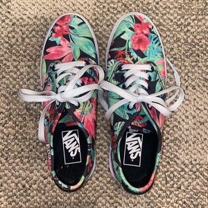 Floral Tropical Vans Shoes Pink Green Black tie